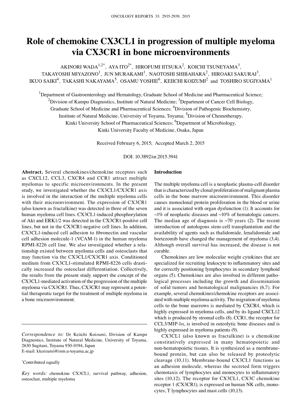 Role of Chemokine CX3CL1 in Progression of Multiple Myeloma Via CX3CR1 in Bone Microenvironments