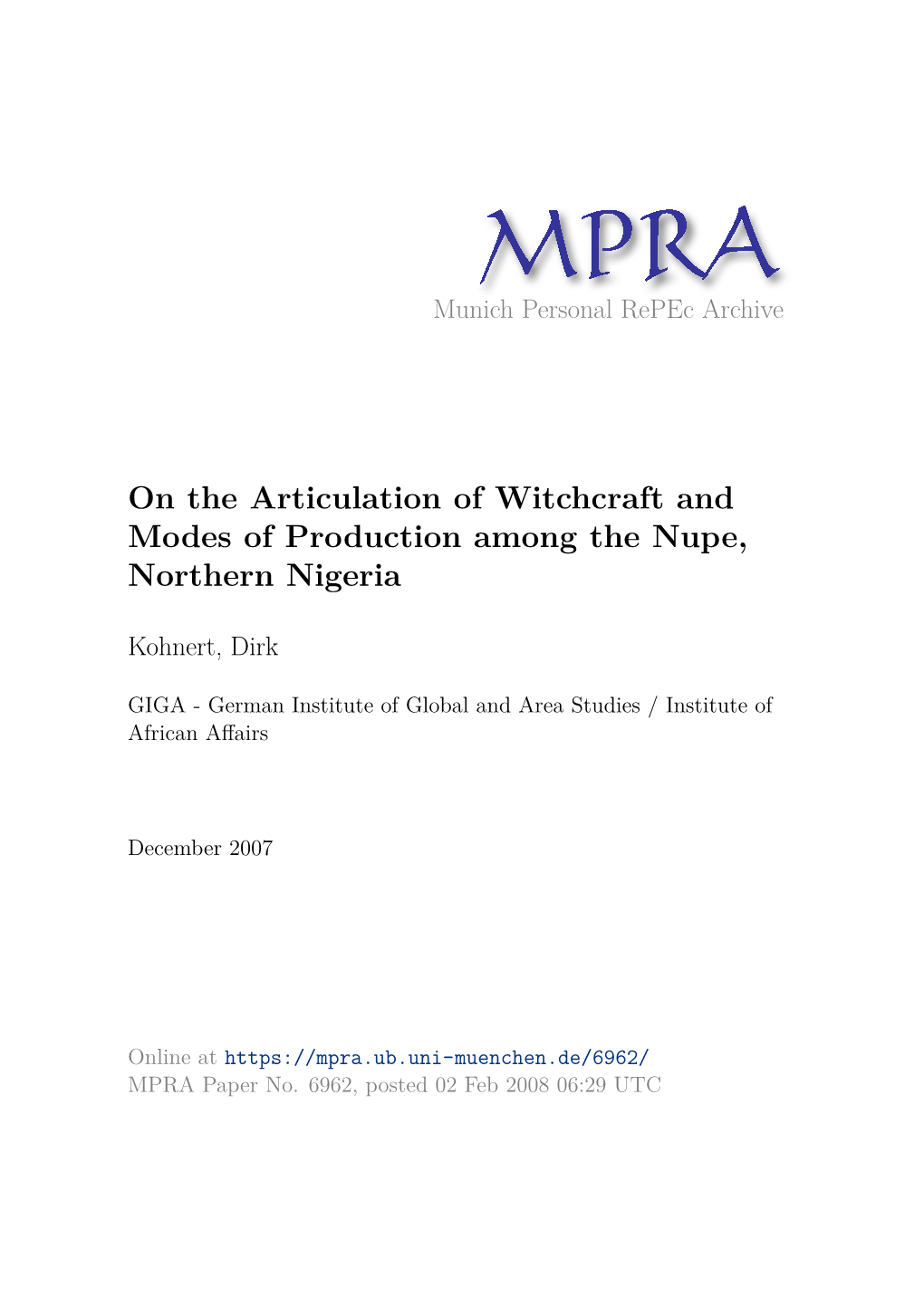 On the Articulation of Witchcraft and Modes of Production Among the Nupe, Northern Nigeria