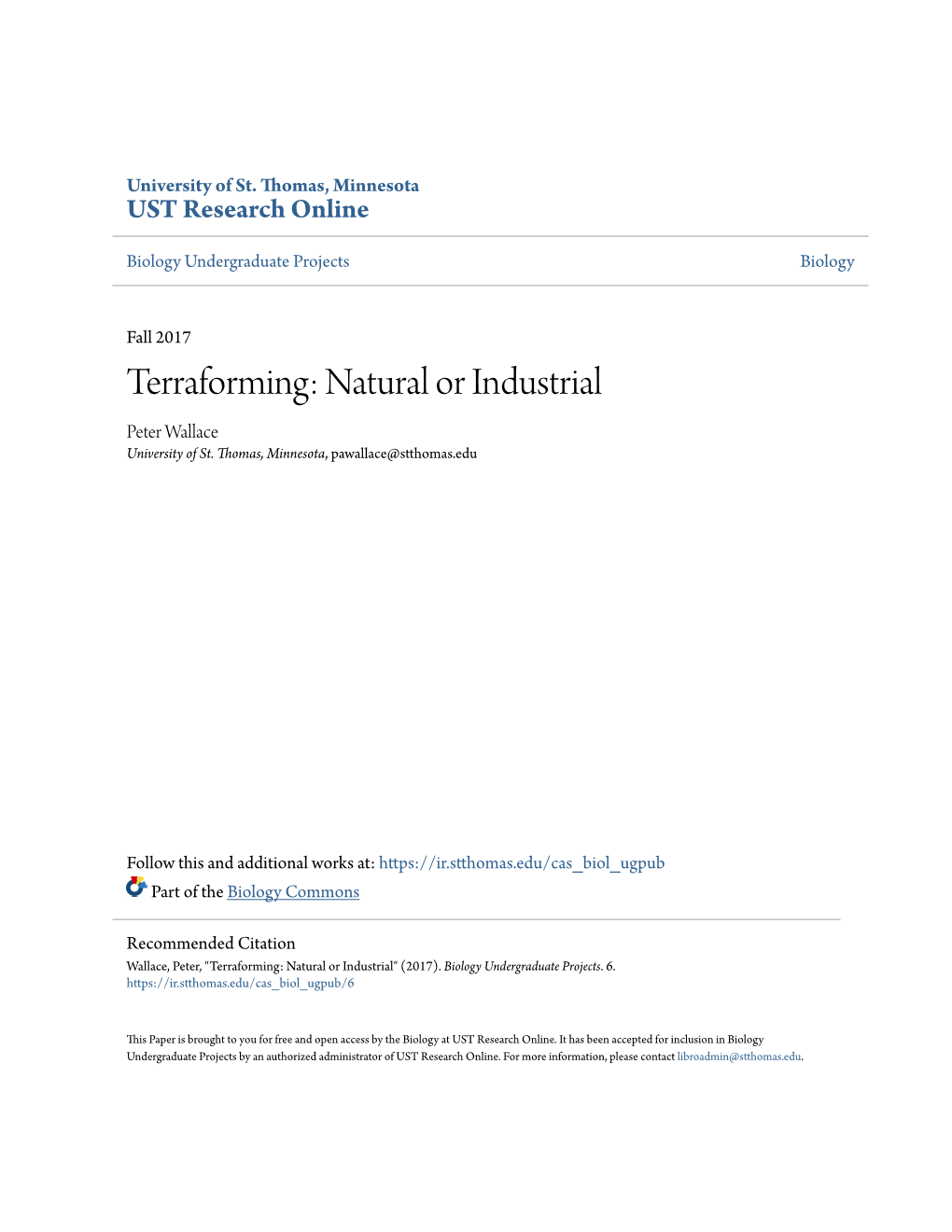 Terraforming: Natural Or Industrial Peter Wallace University of St