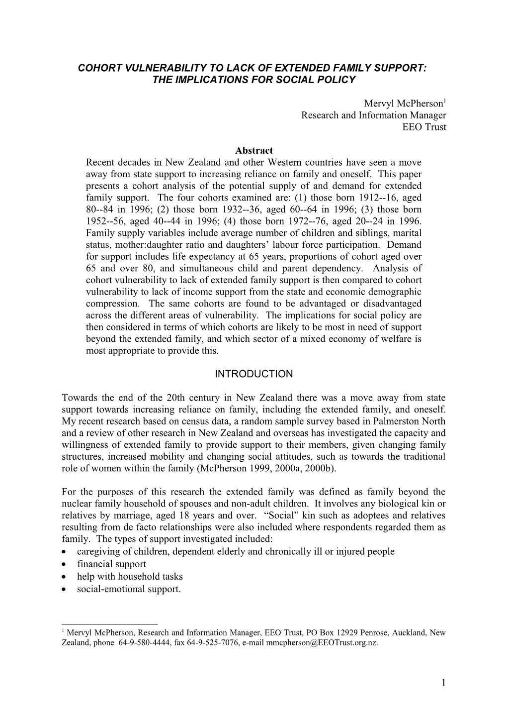 Cohort Vulnerability to Lack of Extended Family Support