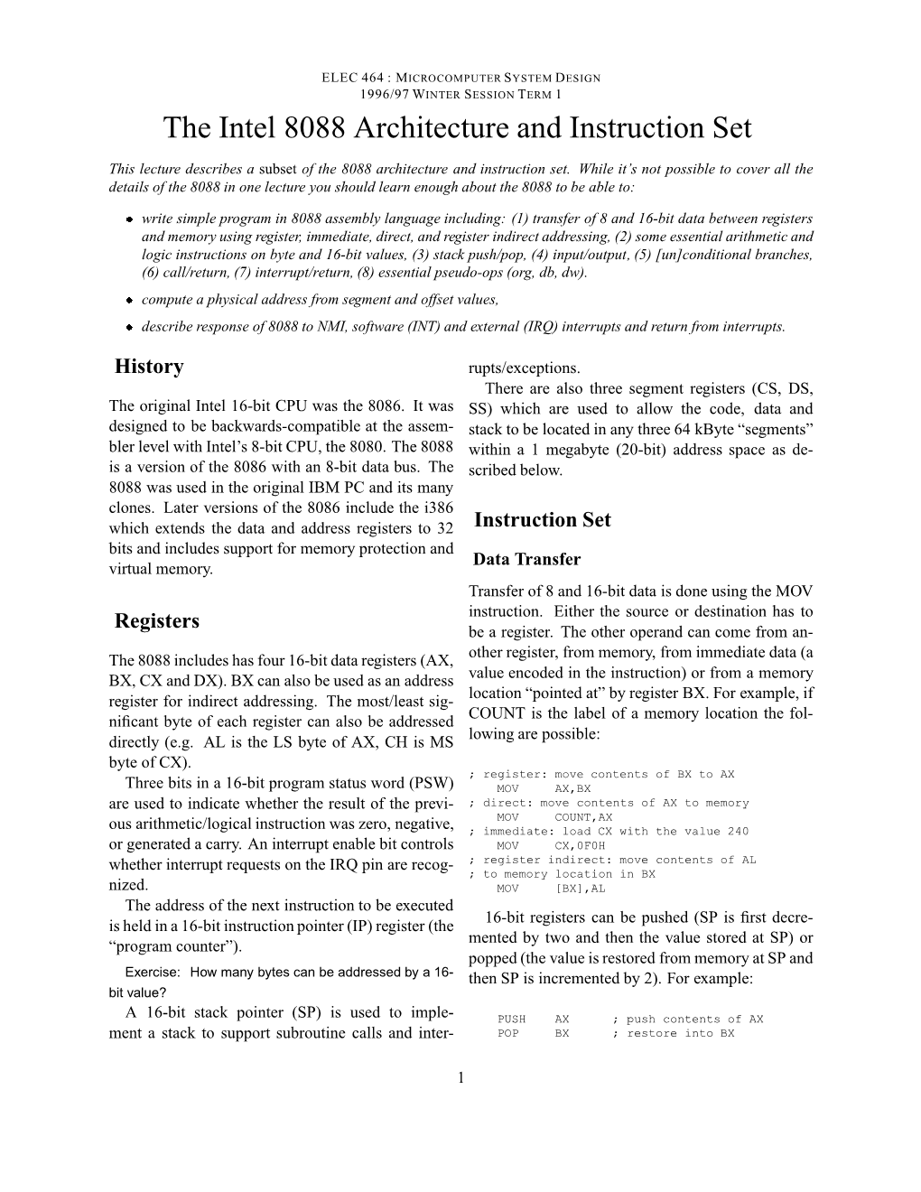 The Intel 8088 Architecture and Instruction Set