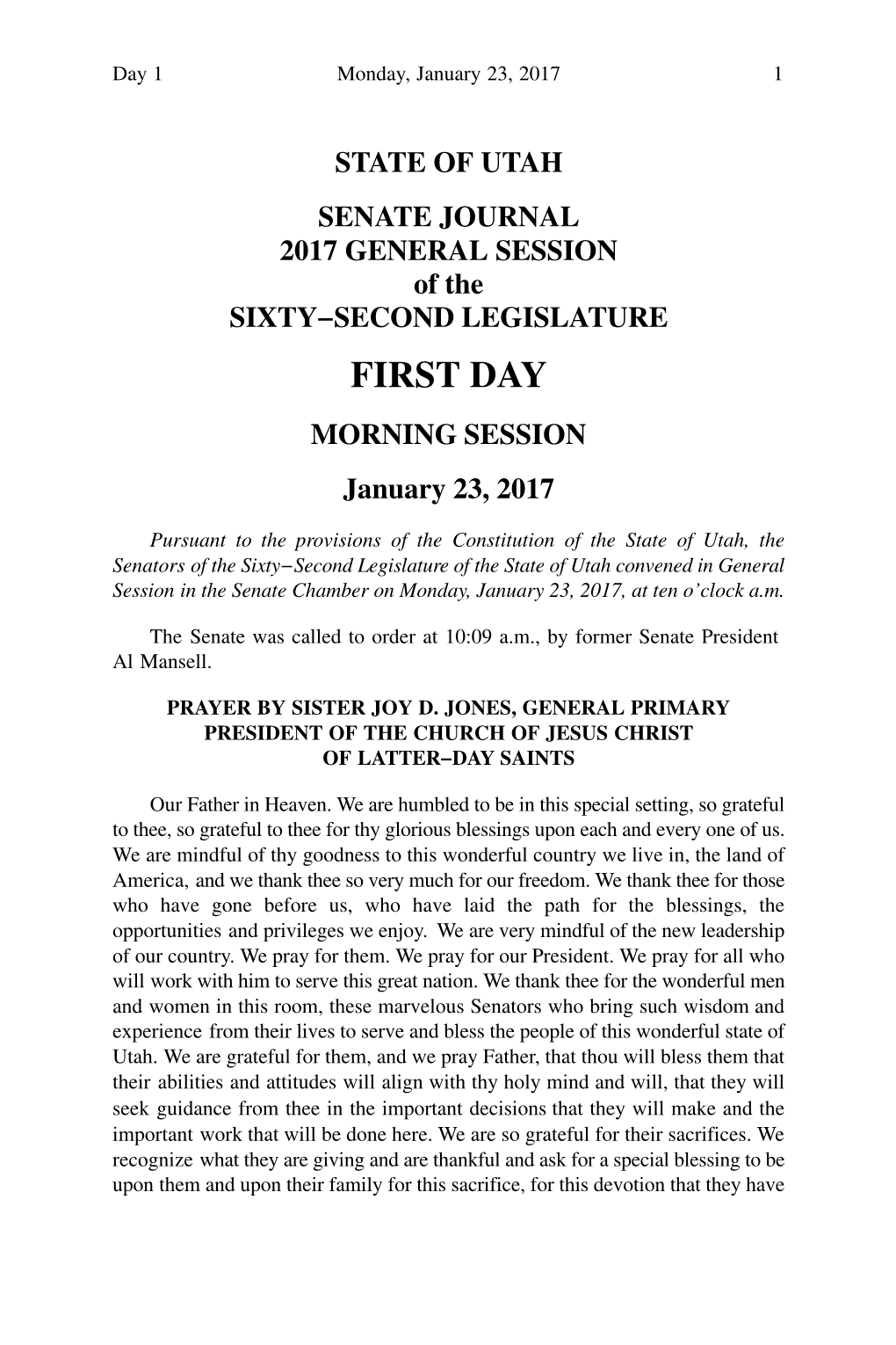 FIRST DAY MORNING SESSION January 23, 2017