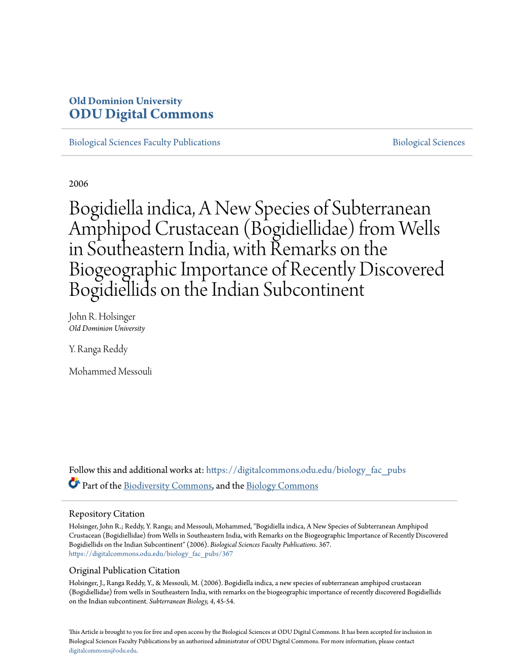 Bogidiella Indica, a New Species of Subterranean Amphipod Crustacean