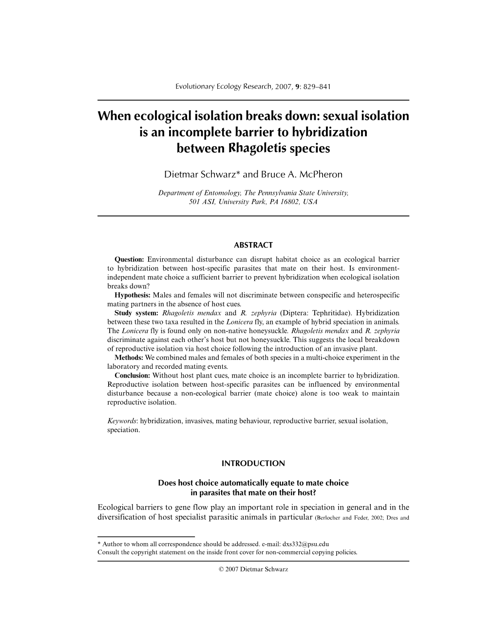 When Ecological Isolation Breaks Down: Sexual Isolation Is an Incomplete Barrier to Hybridization Between Rhagoletis Species