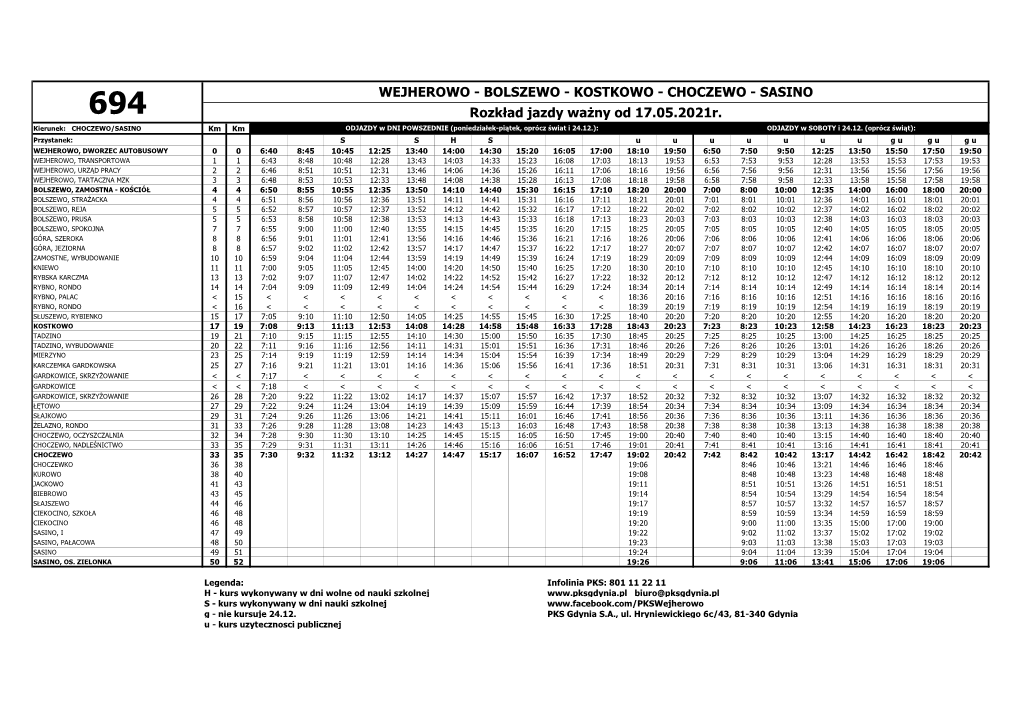 BOLSZEWO - KOSTKOWO - CHOCZEWO - SASINO 694 Rozkład Jazdy Ważny Od 17.05.2021R