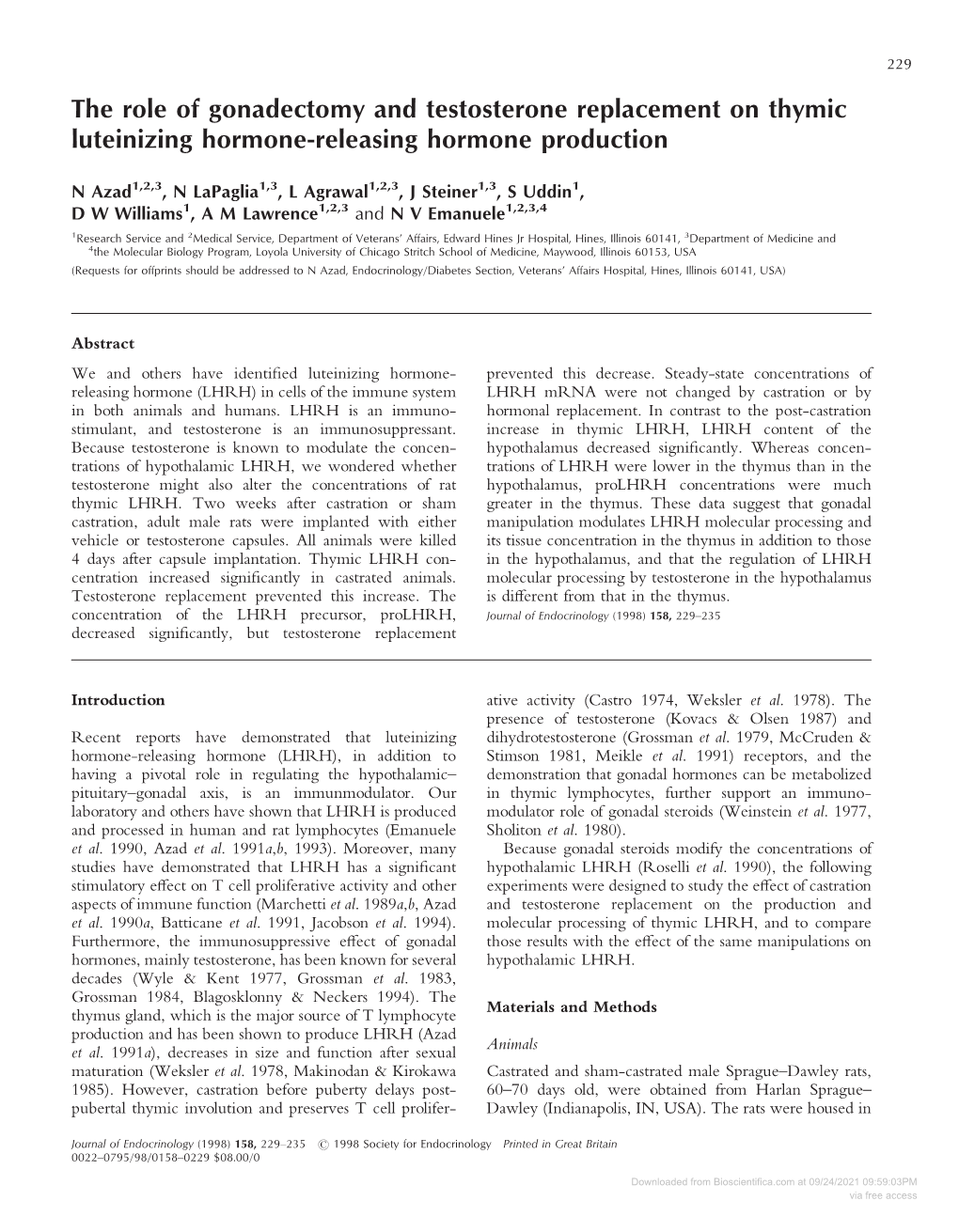 The Role of Gonadectomy and Testosterone Replacement on Thymic Luteinizing Hormone-Releasing Hormone Production