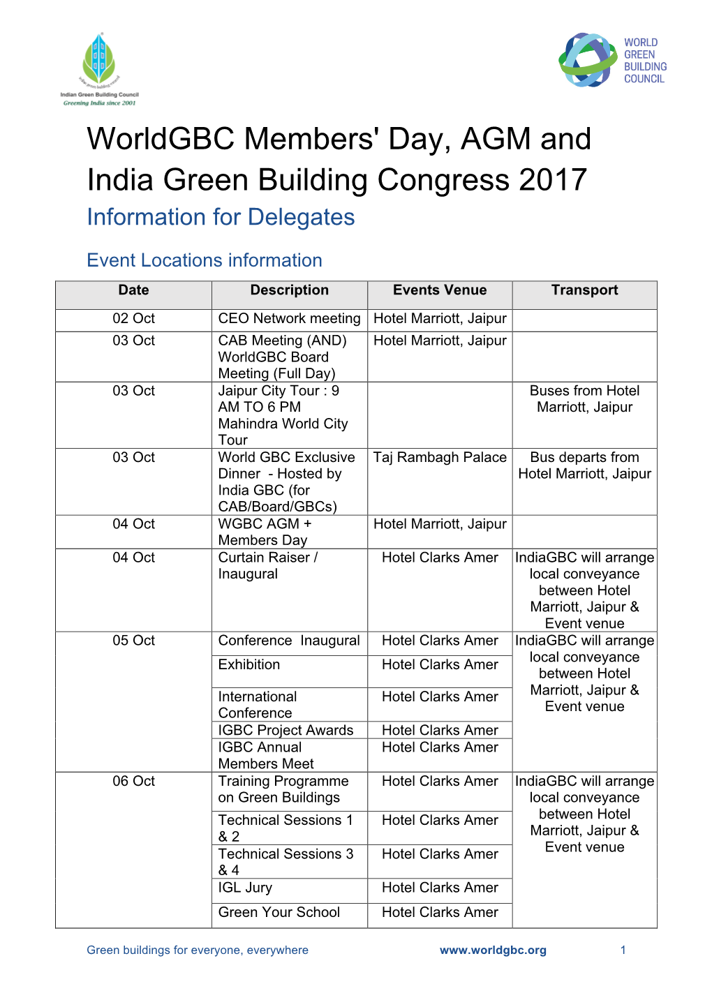 Worldgbc Members' Day, AGM and India Green Building Congress 2017 Information for Delegates