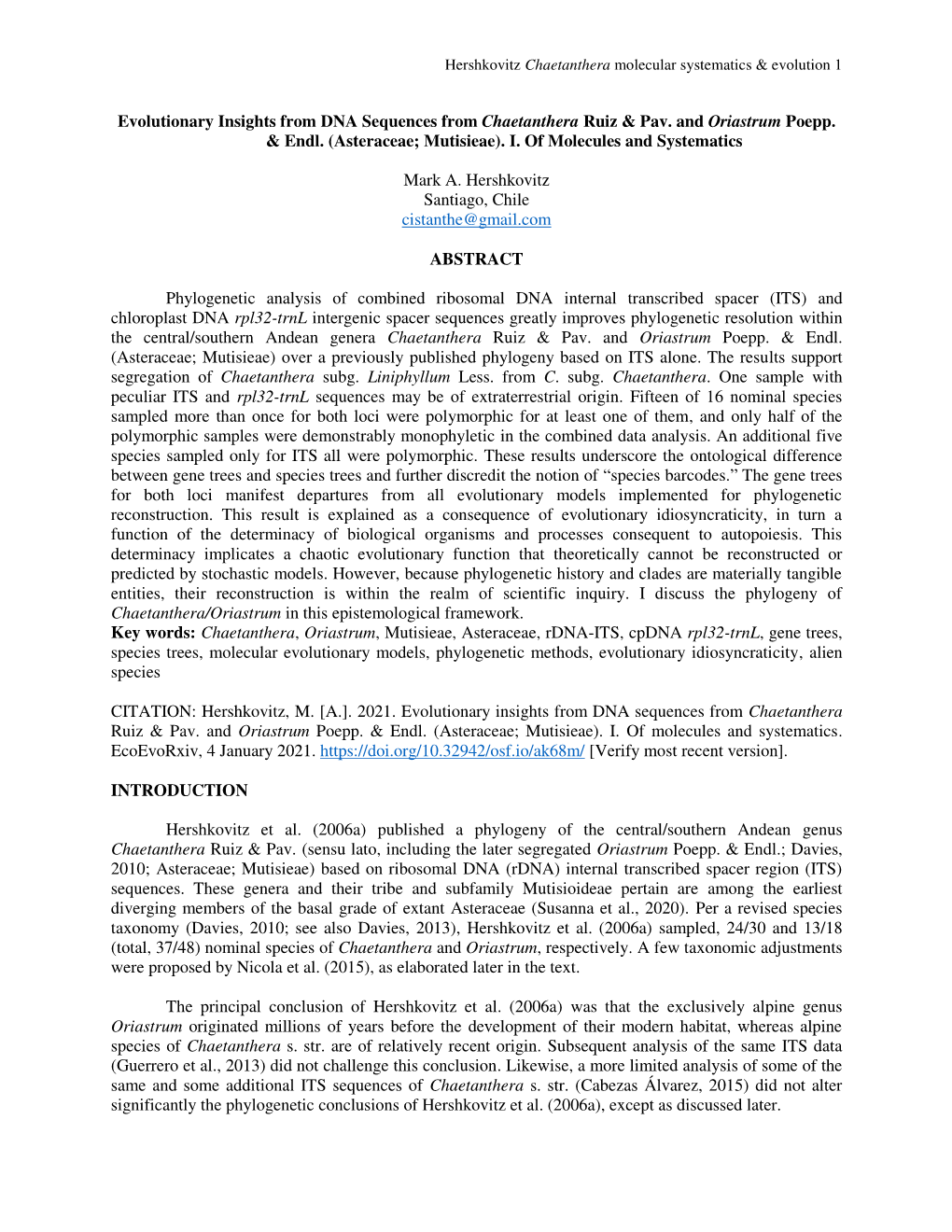 Evolutionary Insights from DNA Sequences from Chaetanthera Ruiz & Pav