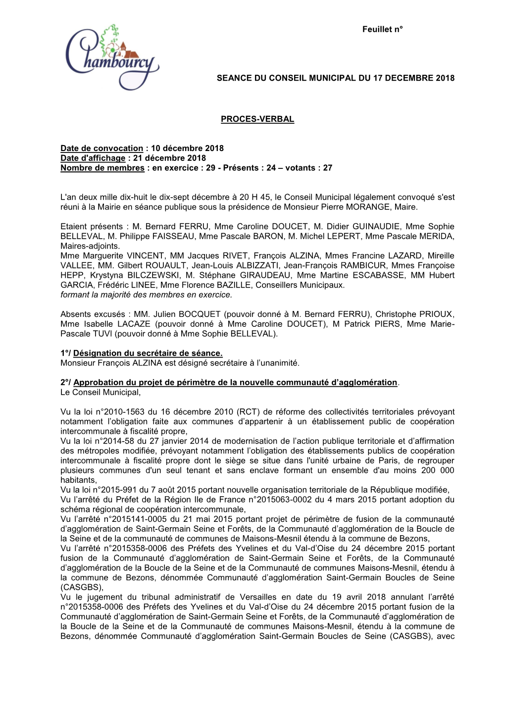 Feuillet N° SEANCE DU CONSEIL MUNICIPAL DU 17