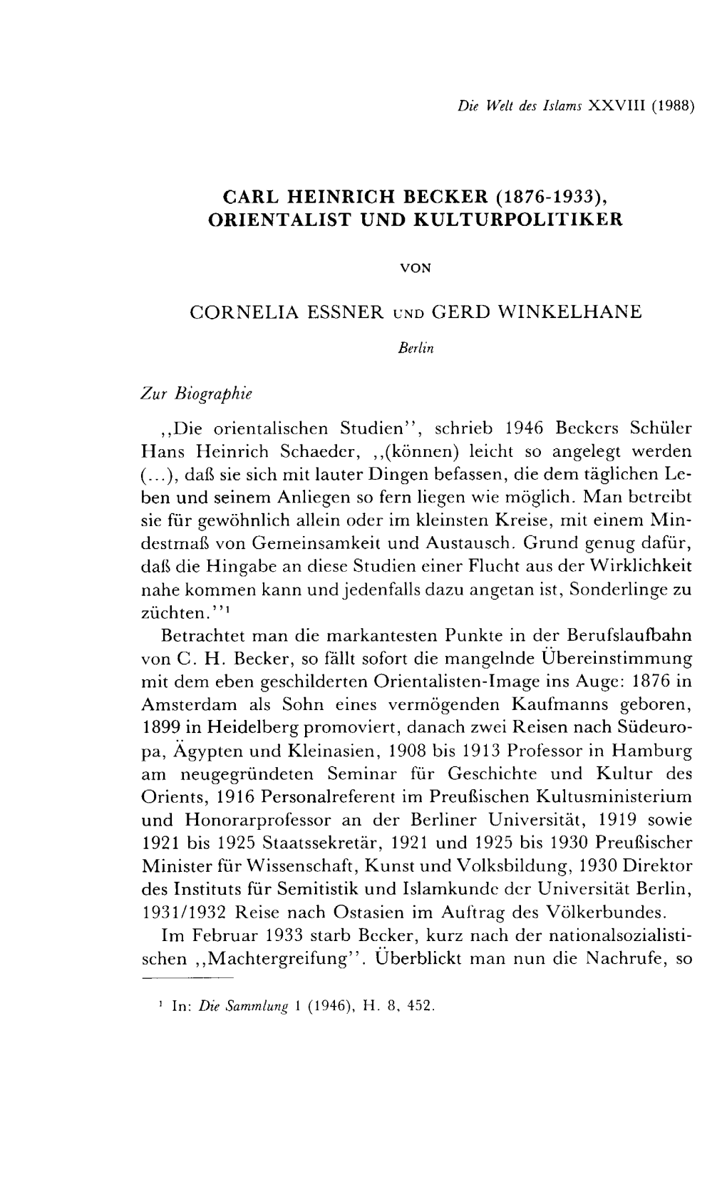 Carl Heinrich Becker (1876-1933), Orientalist Und Kulturpolitiker