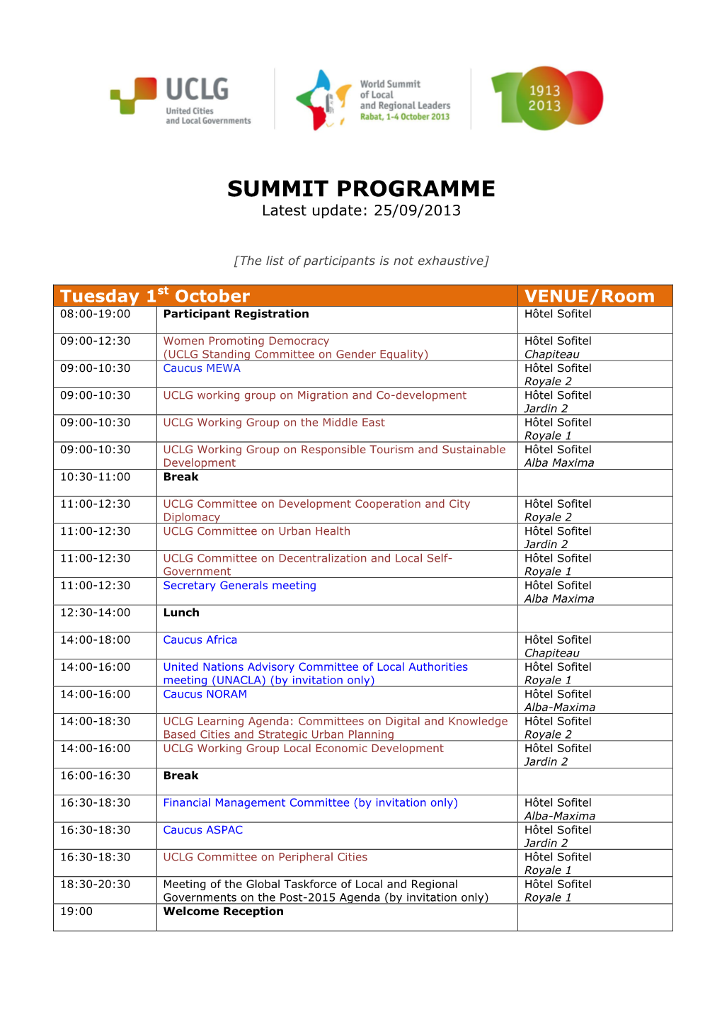 SUMMIT PROGRAMME Latest Update: 25/09/2013