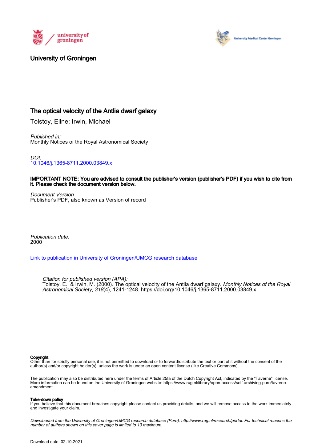 The Optical Velocity of the Antlia Dwarf Galaxy Tolstoy, Eline; Irwin, Michael