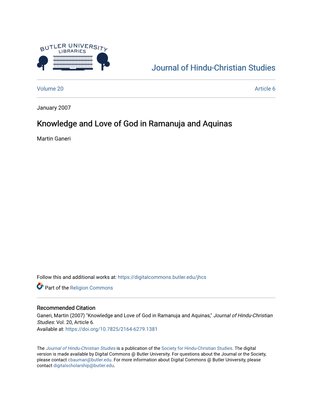 Knowledge and Love of God in Ramanuja and Aquinas