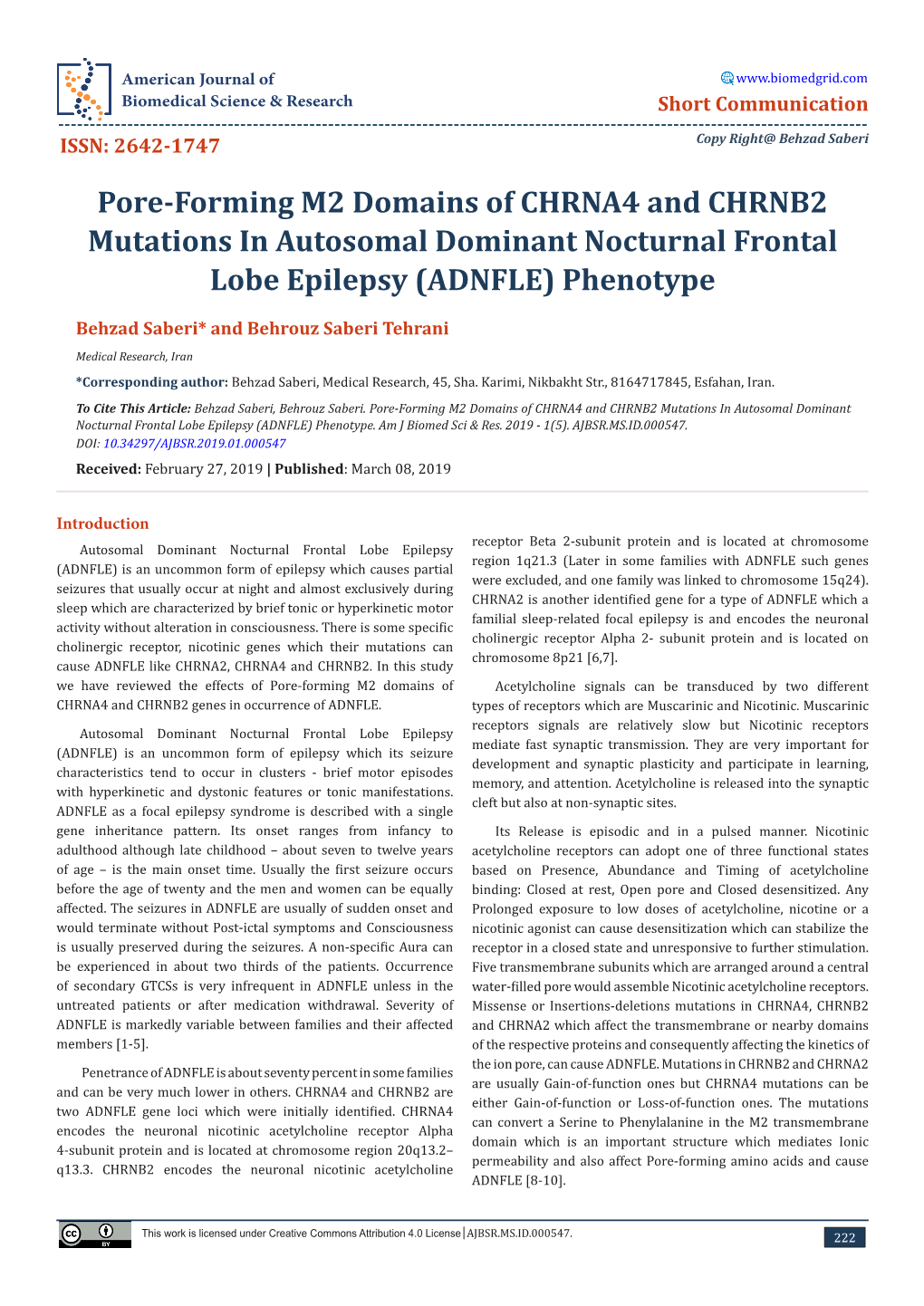 Pore-Forming M2 Domains of CHRNA4 and CHRNB2 Mutations in Autosomal Dominant Nocturnal Frontal Lobe Epilepsy (ADNFLE) Phenotype