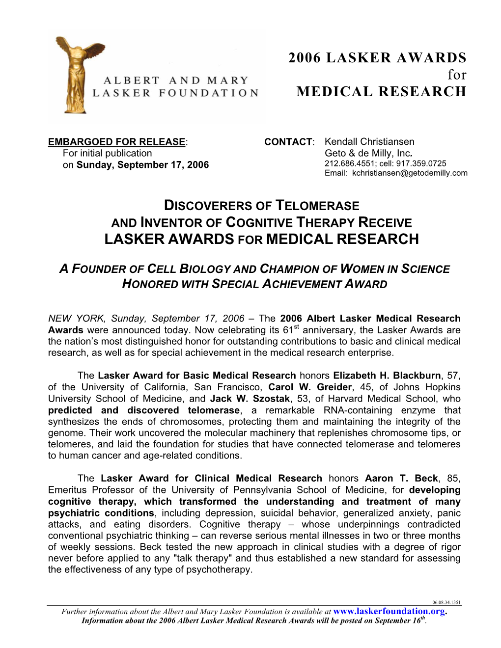LASKER AWARDS for MEDICAL RESEARCH
