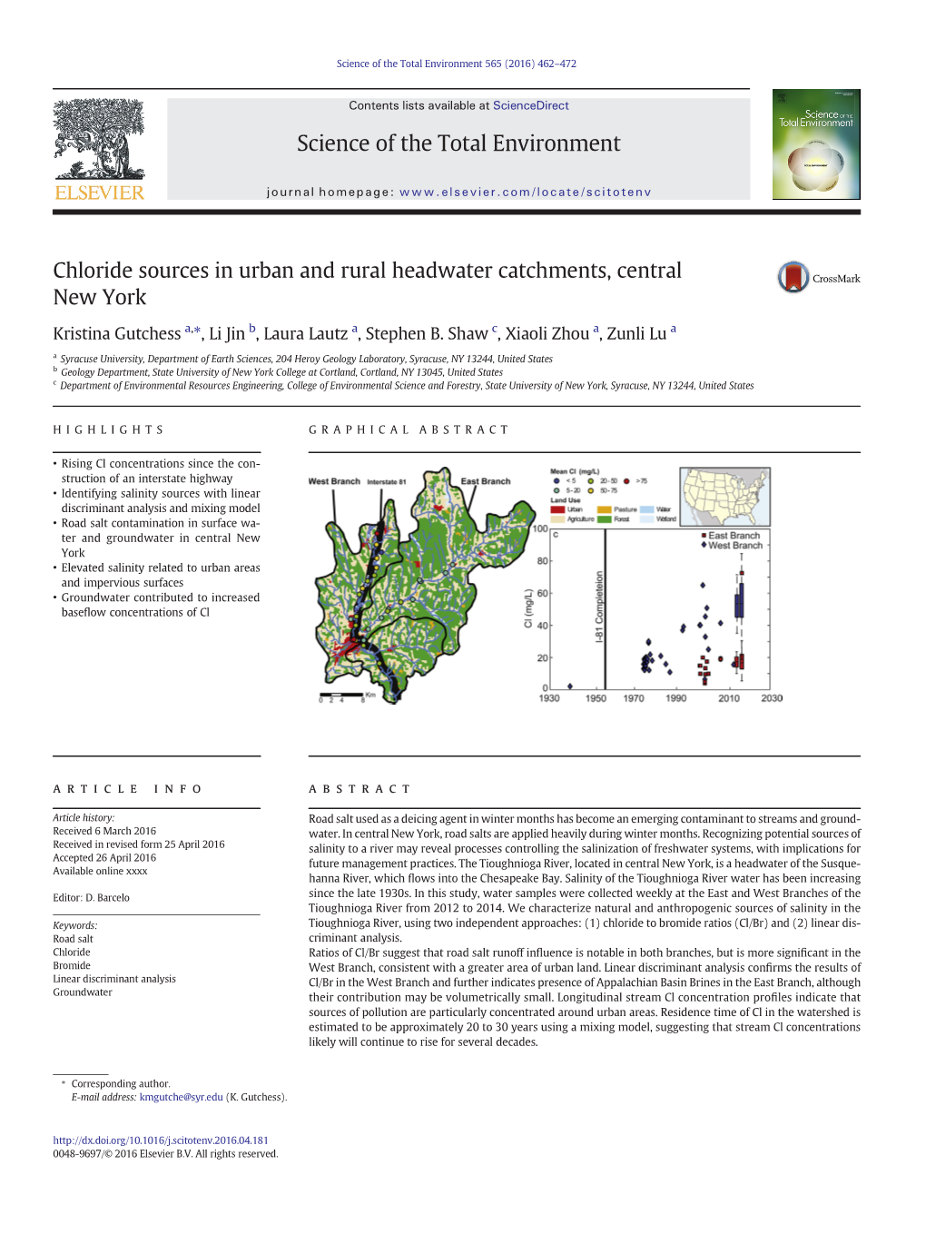 Chloride Sources in Urban and Rural Headwater Catchments, Central New York