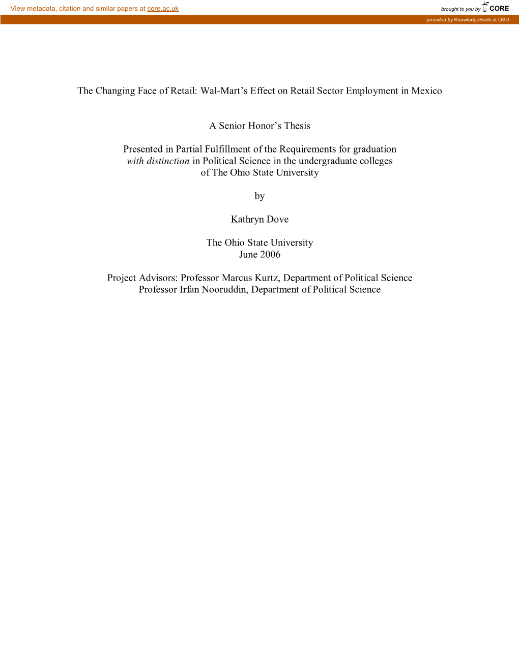 Wal-Mart's Effect on Retail Sector Employment in Mexico a Senior Honor's Thesis Presented in Pa