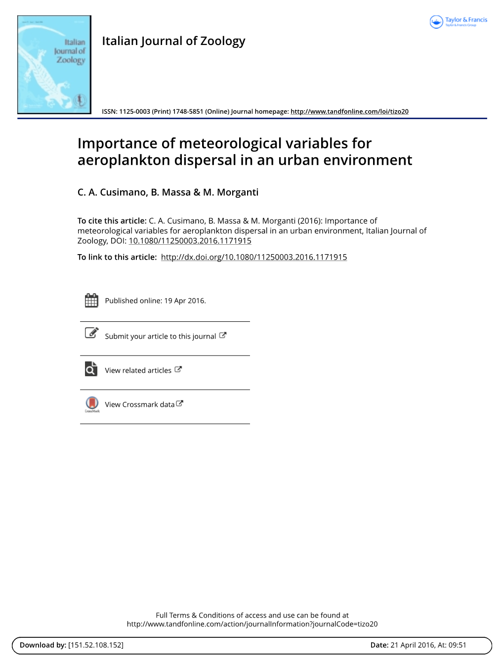 Importance of Meteorological Variables for Aeroplankton Dispersal in an Urban Environment