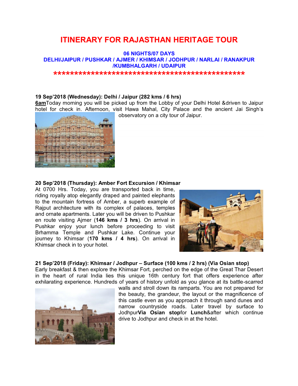 Itinerary for Rajasthan Heritage Tour