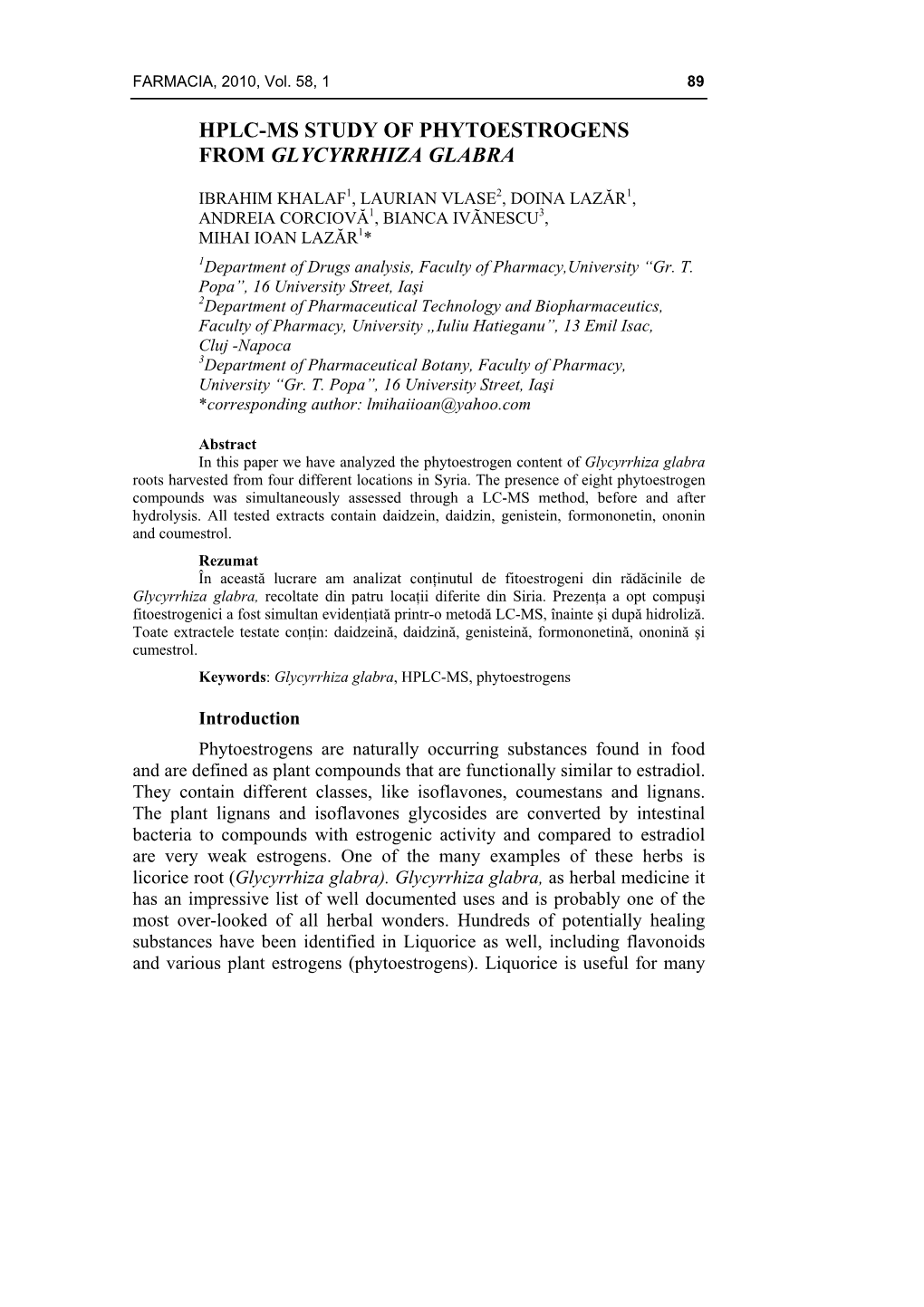 Hplc-Ms Study of Phytoestrogens from Glycyrrhiza Glabra