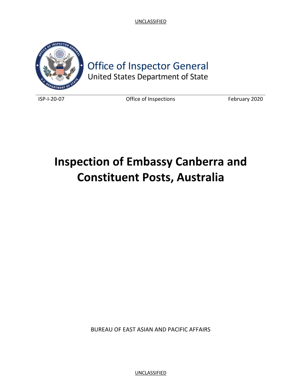 Inspection of Embassy Canberra and Constituent Posts, Australia, ISP-I