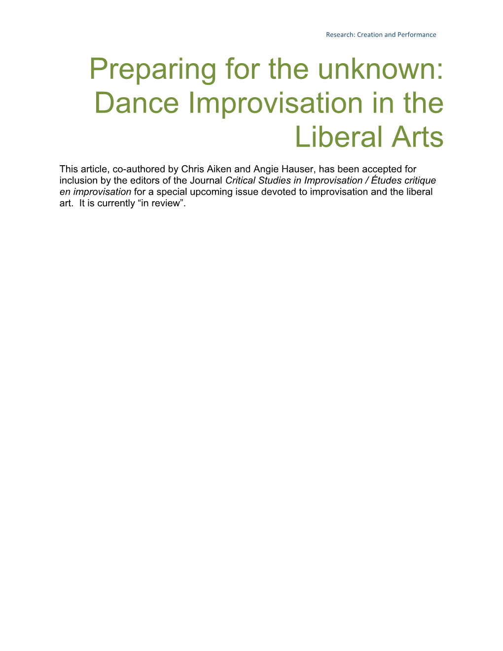 Preparing for the Unknown: Dance Improvisation in the Liberal Arts