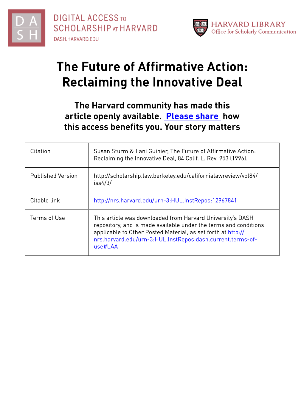 The Future of Affirmative Action: Reclaiming the Innovative Deal