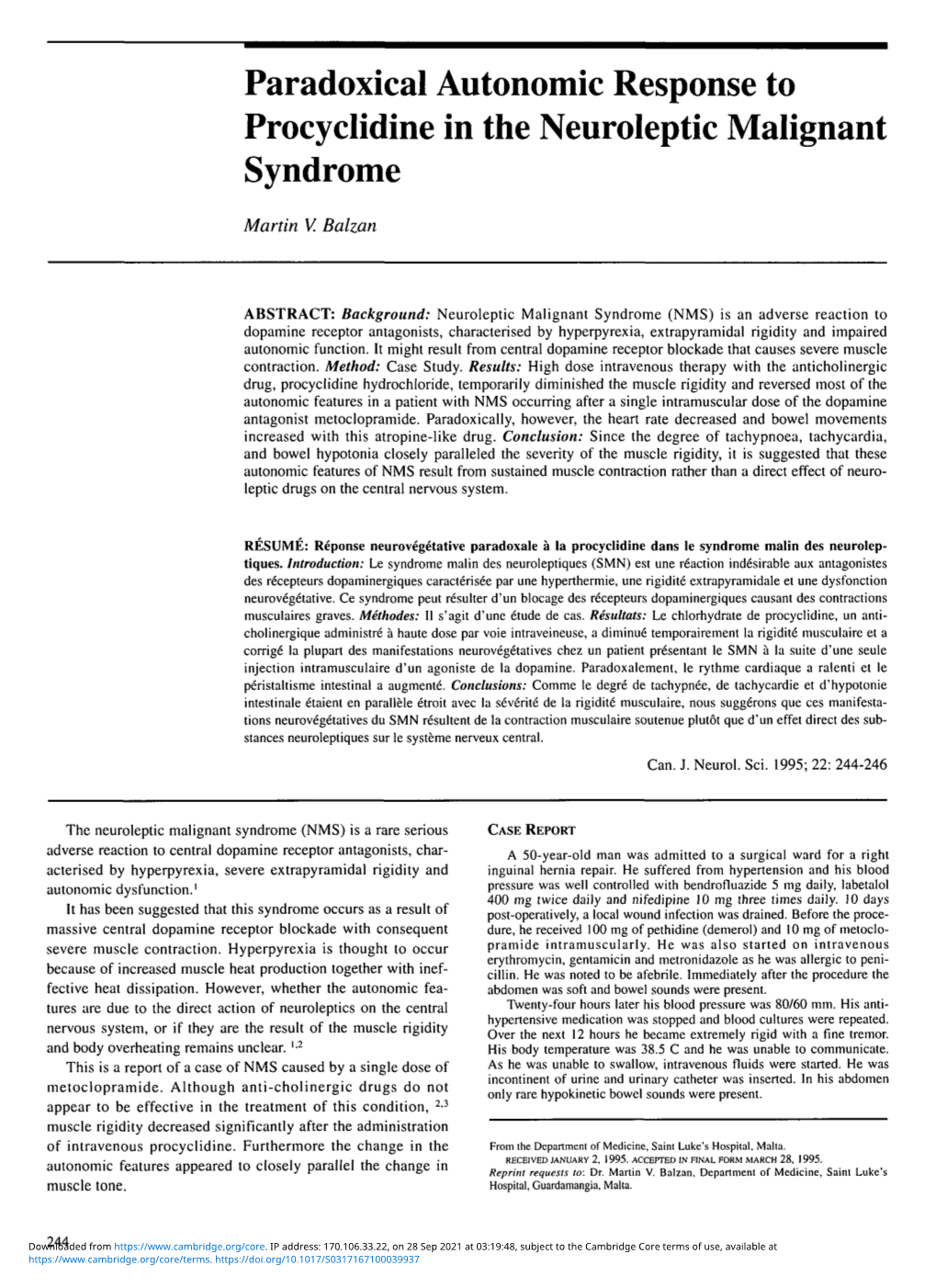 Paradoxical Autonomic Response to Procyclidine in the Neuroleptic Malignant Syndrome