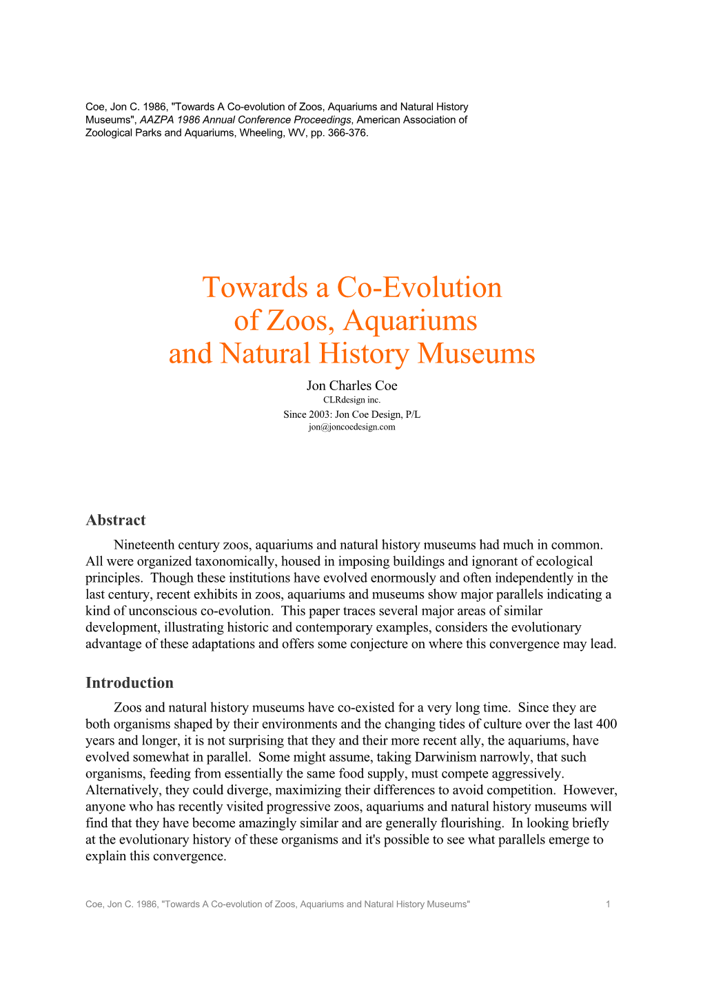 Towards a Co-Evolution of Zoos, Aquariums and Natural History Museums