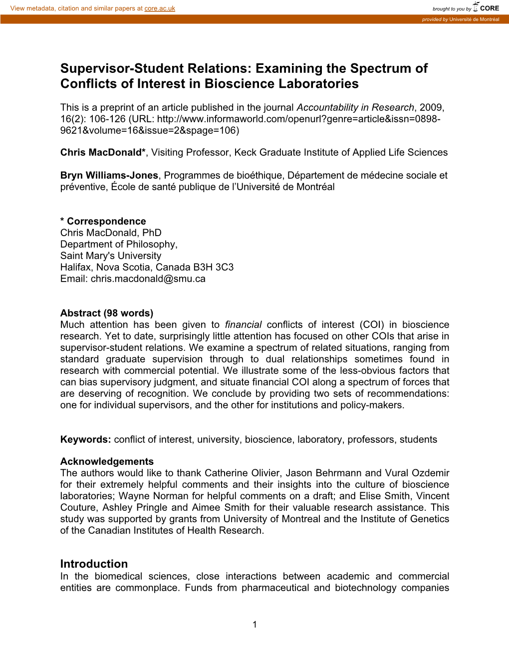 Supervisor-Student Relations: Examining the Spectrum of Conflicts of Interest in Bioscience Laboratories