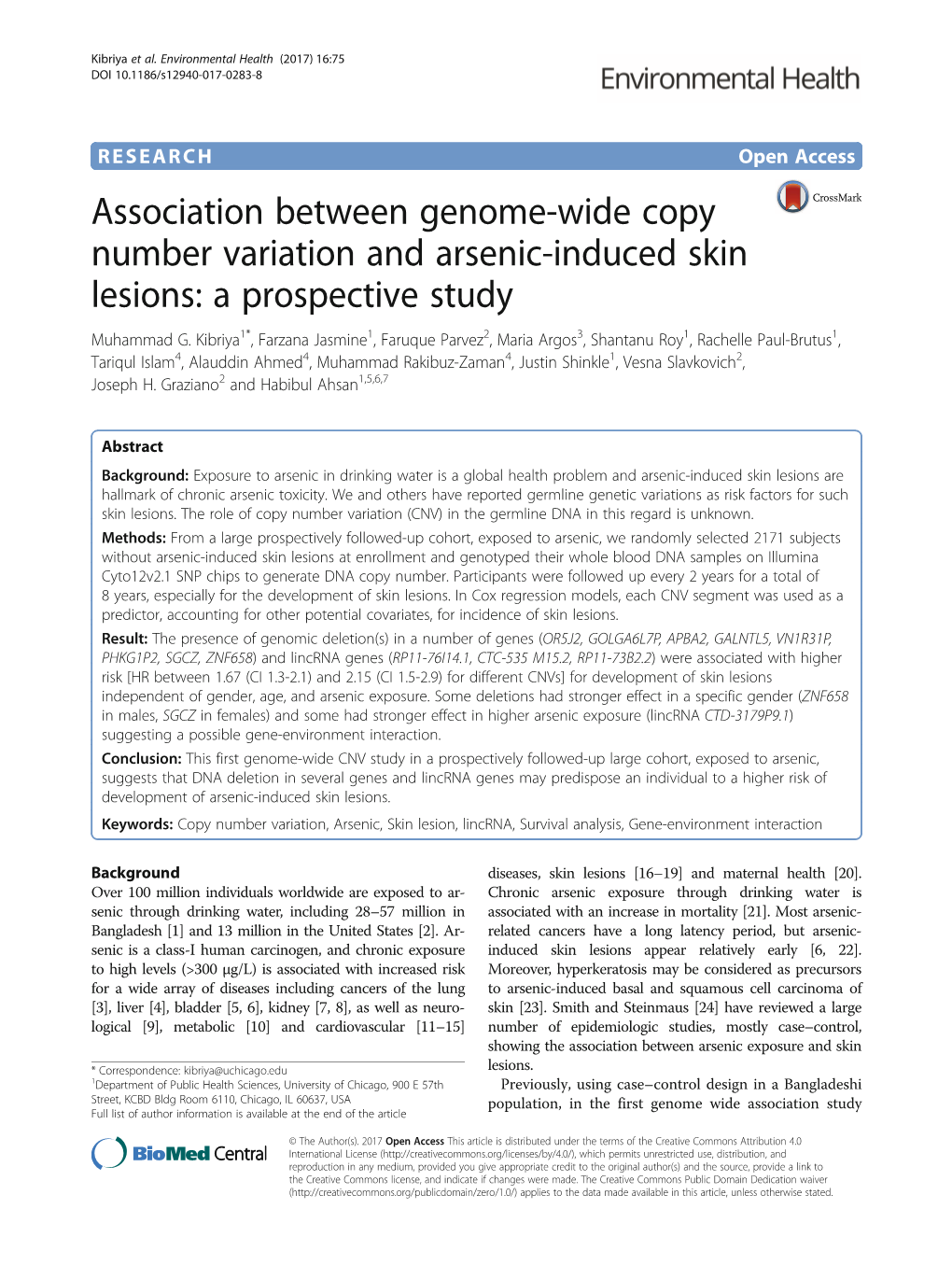 Association Between Genome-Wide Copy Number Variation and Arsenic-Induced Skin Lesions: a Prospective Study Muhammad G