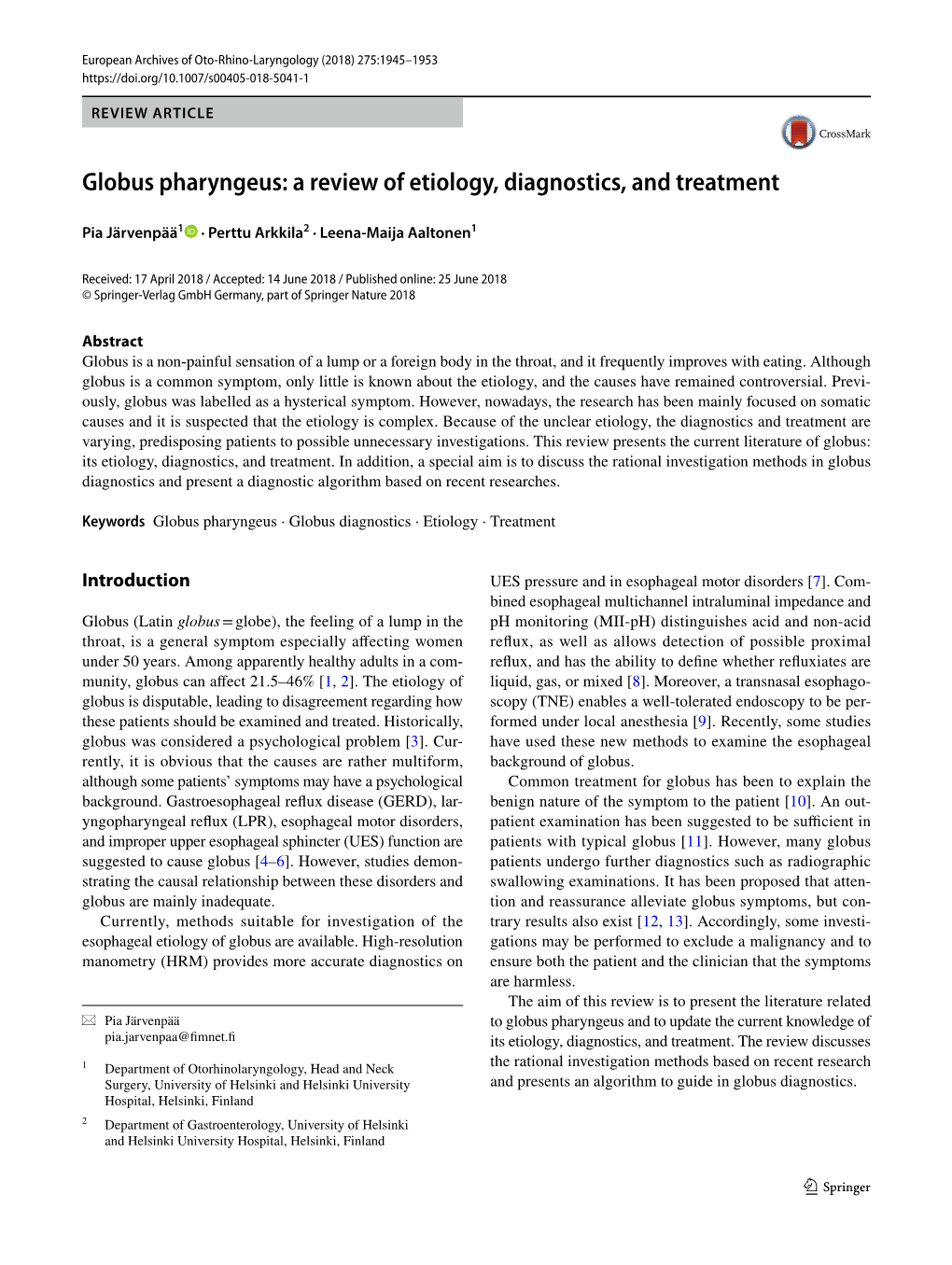 Globus Pharyngeus: a Review of Etiology, Diagnostics, and Treatment