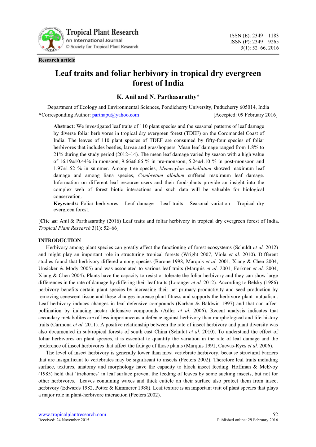 Leaf Traits and Foliar Herbivory in Tropical Dry Evergreen Forest of India K