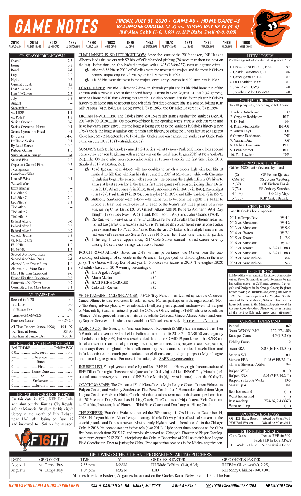 FRIDAY, JULY 31, 2020 • GAME #6 • HOME GAME #3 BALTIMORE ORIOLES (2-3) Vs
