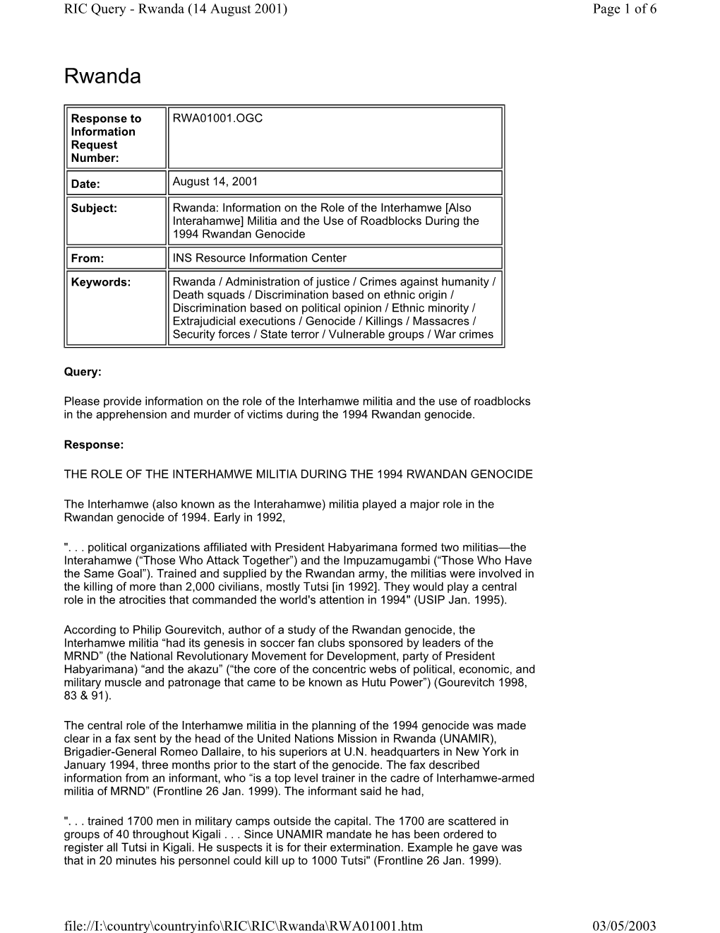 Rwanda (14 August 2001) Page 1 of 6