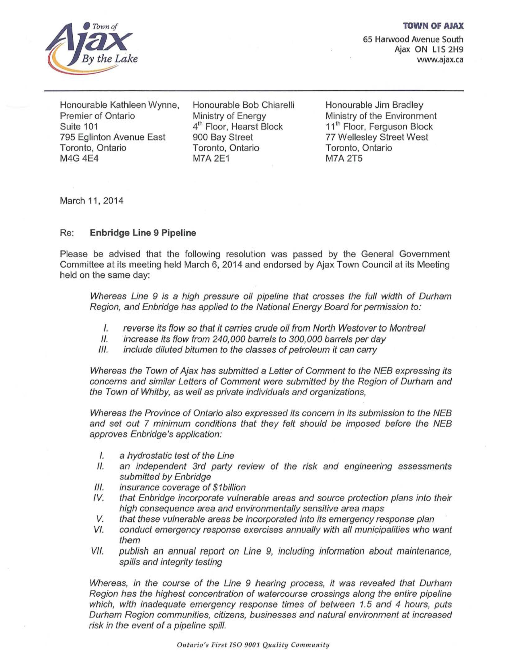 TOWN of AJAX Re: Whereas Line 9 Is a High Pressure Oil Pipeline That Crosses the Full Width of Durham Region, and Enbridge