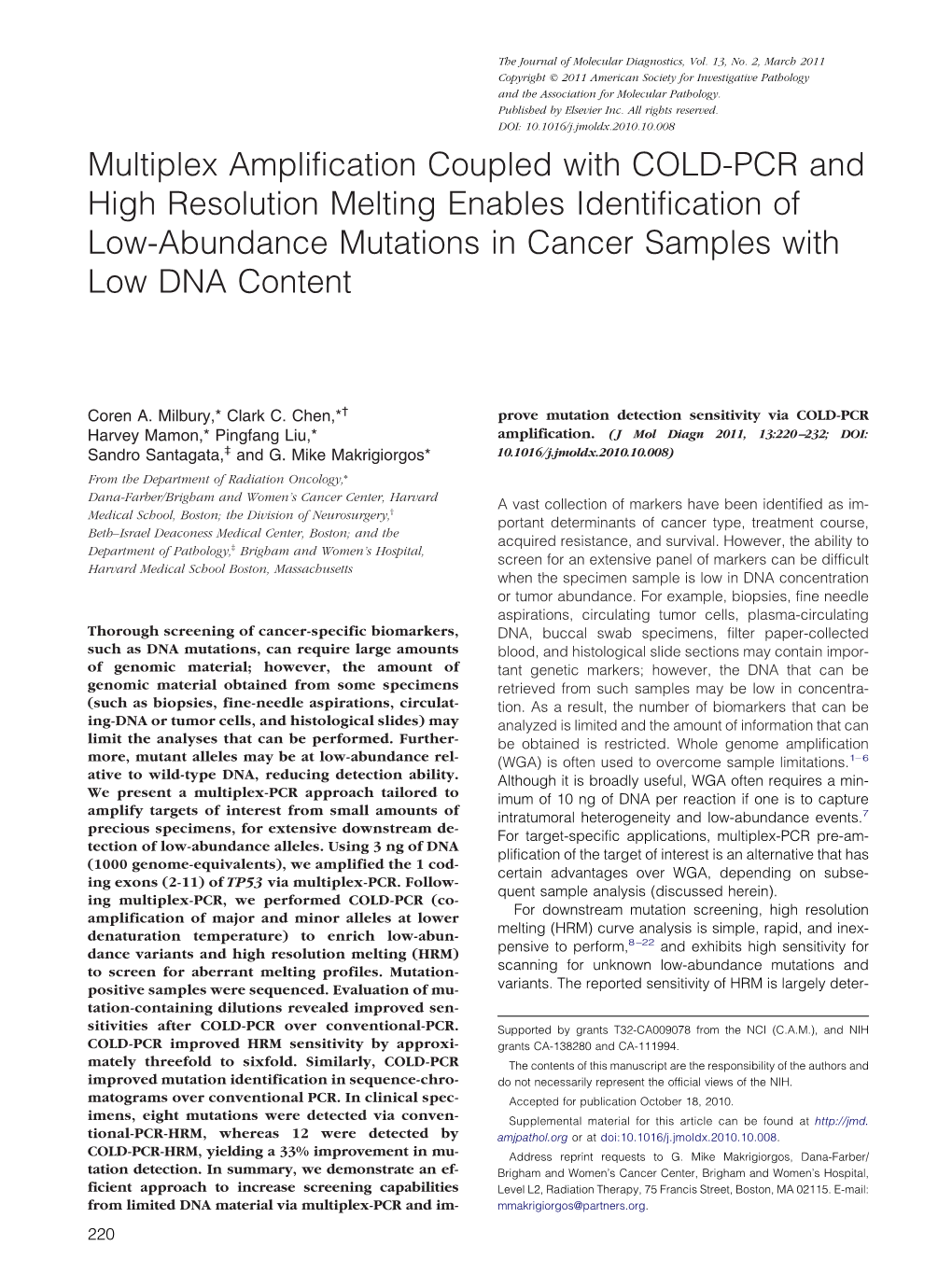 Multiplex Amplification Coupled with COLD-PCR and High Resolution Melting Enables Identification of Low-Abundance Mutations in Cancer Samples with Low DNA Content