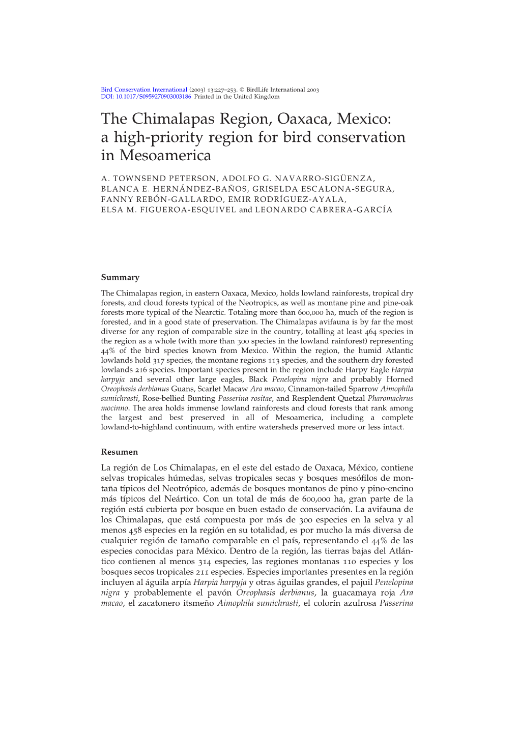 The Chimalapas Region, Oaxaca, Mexico: a High-Priority Region for Bird Conservation in Mesoamerica