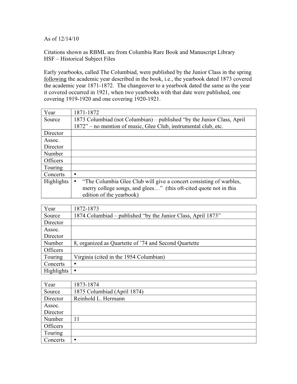 As of 12/14/10 Citations Shown As RBML Are from Columbia Rare