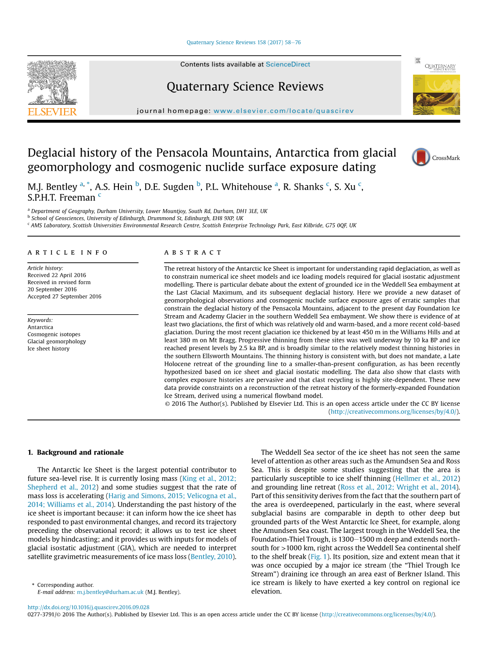 Deglacial History of the Pensacola Mountains, Antarctica from Glacial Geomorphology and Cosmogenic Nuclide Surface Exposure Dating