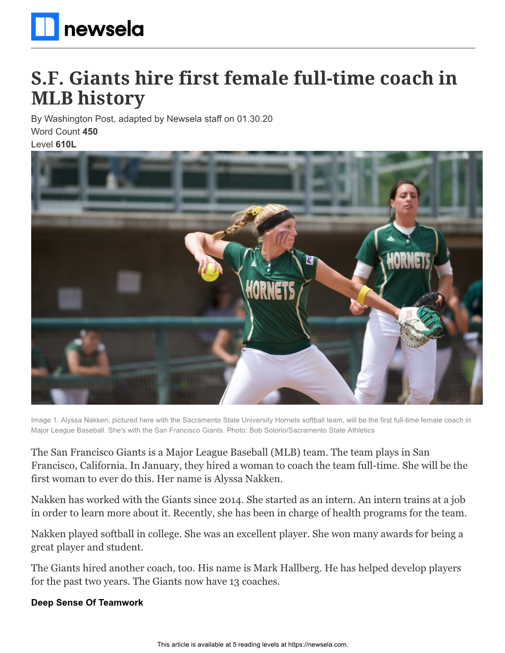 S.F. Giants Hire First Female Full-Time Coach in MLB History by Washington Post, Adapted by Newsela Staff on 01.30.20 Word Count 450 Level 610L