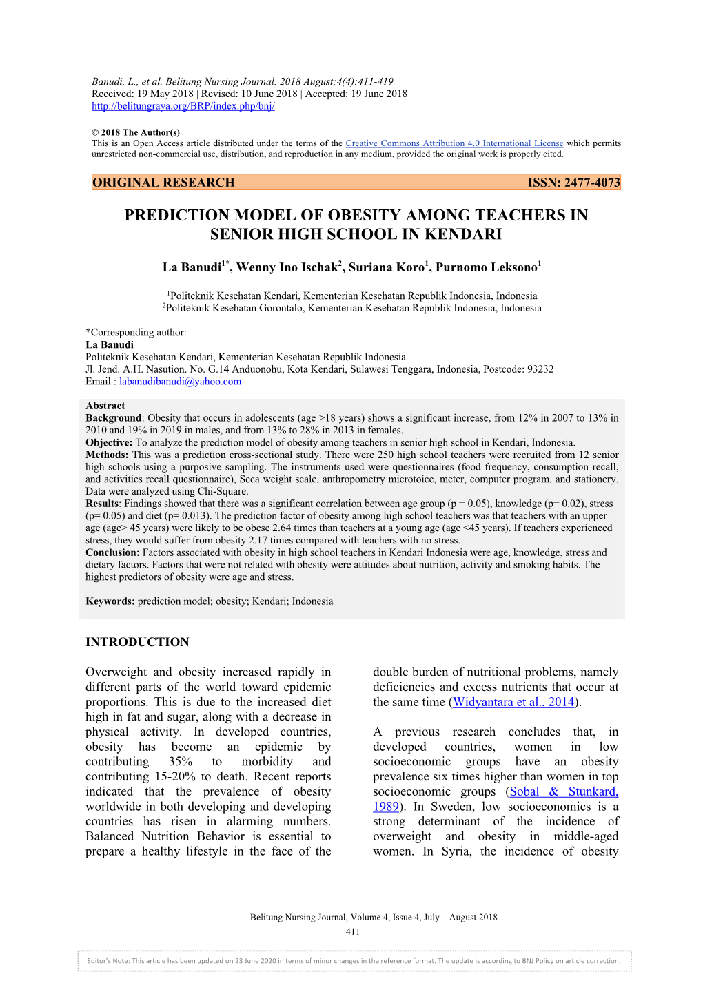 Prediction Model of Obesity Among Teachers in Senior High School in Kendari