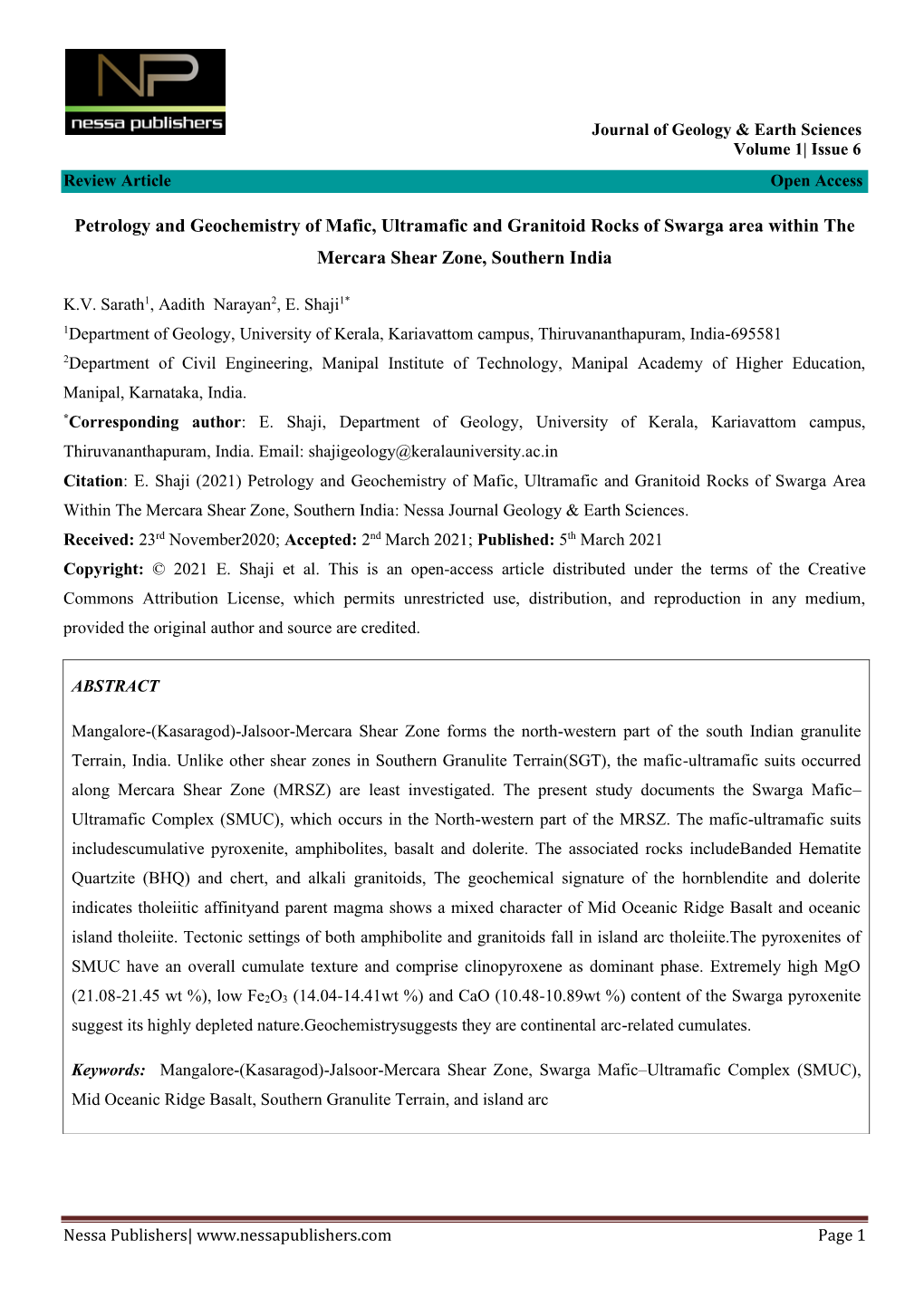 Petrology and Geochemistry of Mafic, Ultramafic and Granitoid Rocks of Swarga Area Within the Mercara Shear Zone, Southern India