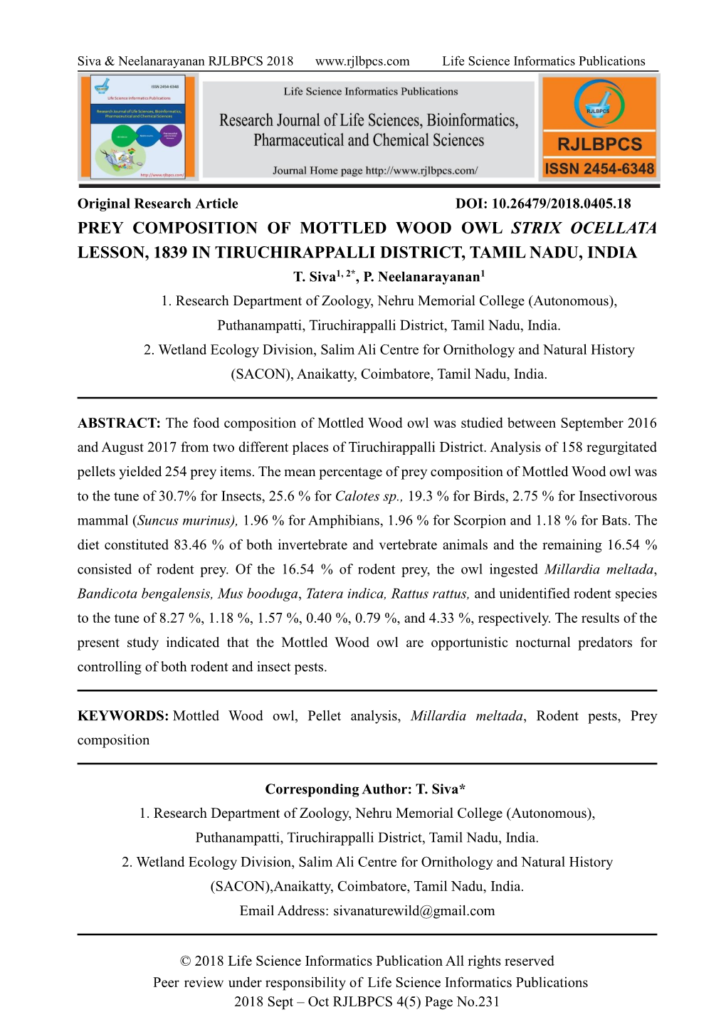 Prey Composition of Mottled Wood Owl Strix Ocellata Lesson, 1839 in Tiruchirappalli District, Tamil Nadu, India T