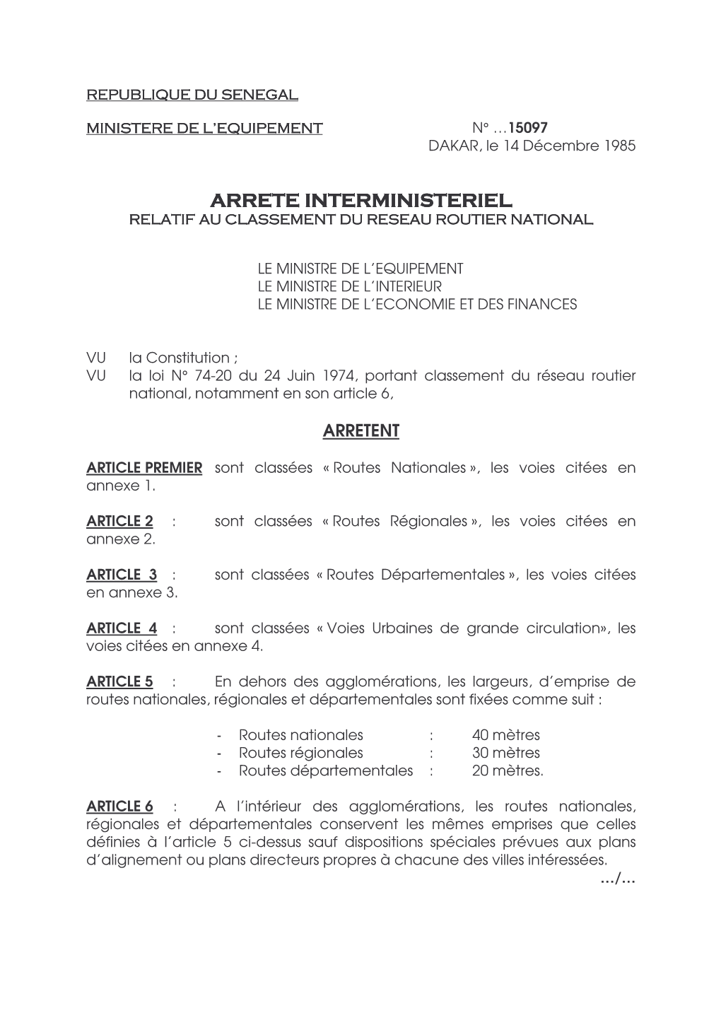 Arrete Interministeriel N°15097 Relatif Au Classement Du Reseau Routier National