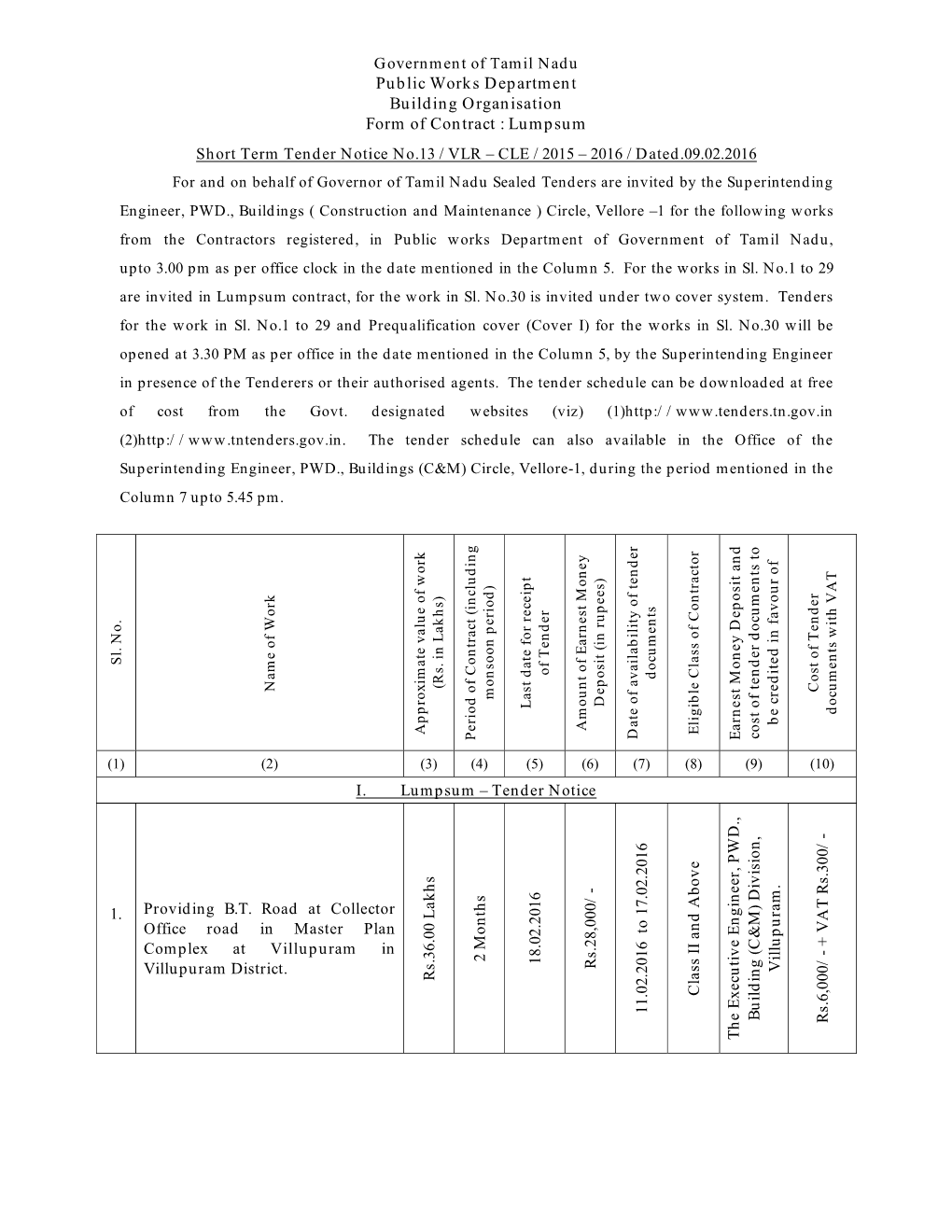 Public Works Department Building Organisation Form of Contract : Lumpsum Short Term Tender Notice No.13 / VLR – CLE / 2015 – 2016 / Dated.09.02.2016