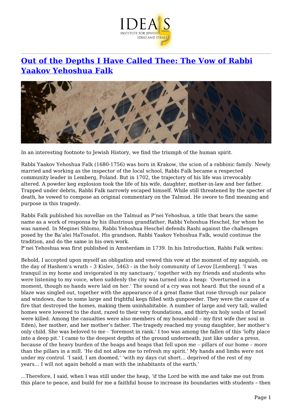 Out of the Depths I Have Called Thee: the Vow of Rabbi Yaakov Yehoshua Falk