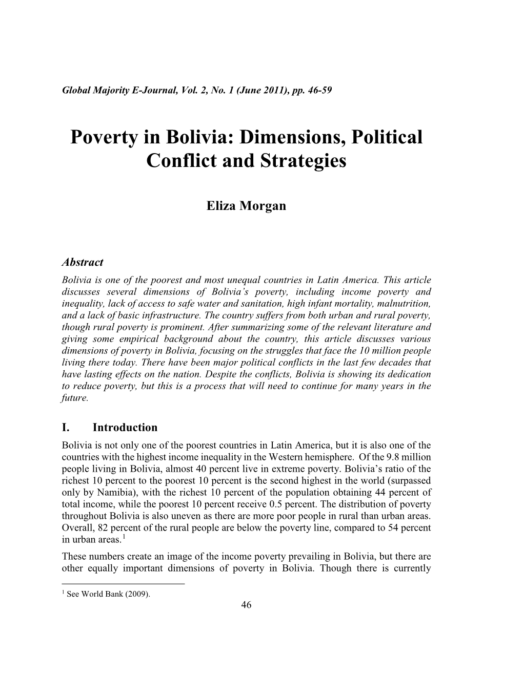 Poverty in Bolivia: Dimensions, Political Conflict, and Strategies