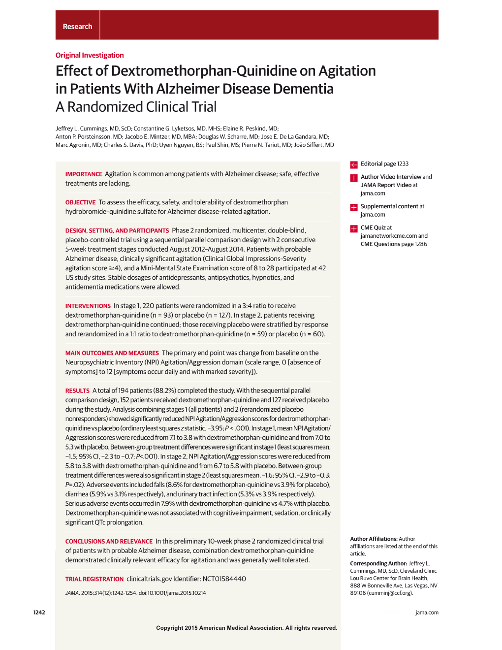 Effect of Dextromethorphan-Quinidine on Agitation in Patients with Alzheimer Disease Dementia a Randomized Clinical Trial