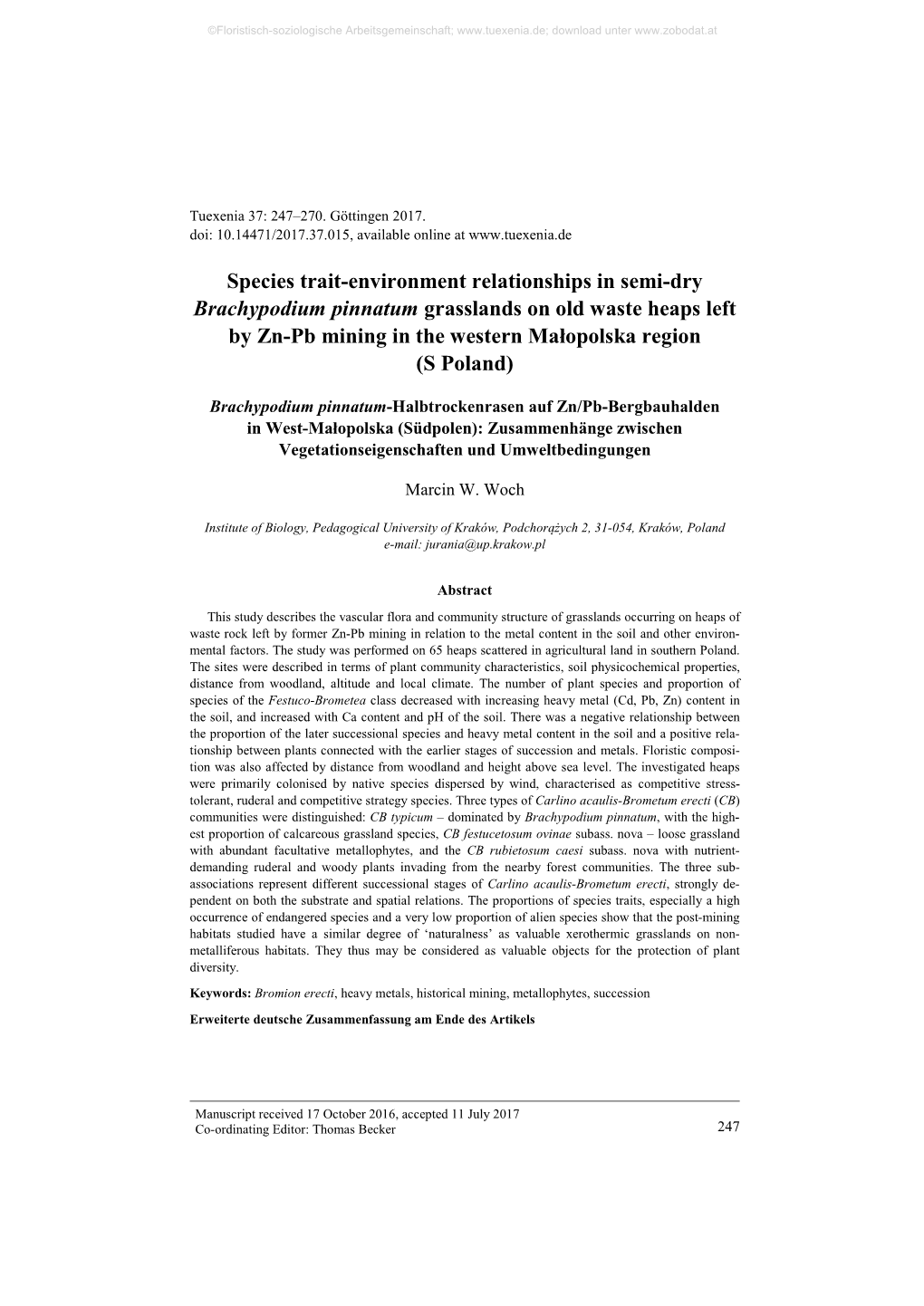 Species Trait-Environment Relationships in Semi-Dry Brachypodium Pinnatum Grasslands on Old Waste Heaps Left by Zn-Pb Mining In